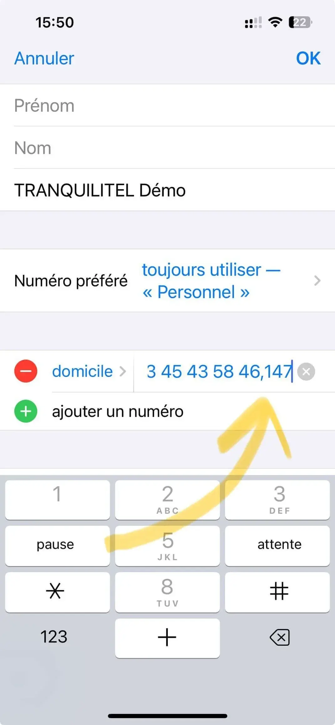 Fiche contact d'un téléphone : le numéro, une pause, puis trois chiffres