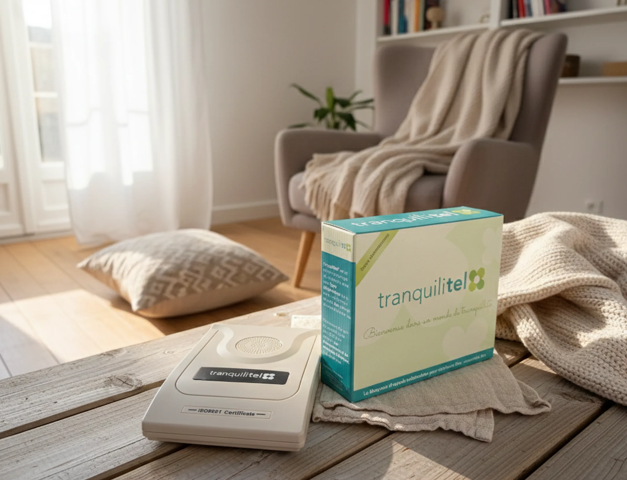 Le boîtier TRANQUILITEL® et sa boîte d'origine, posés dans un salon